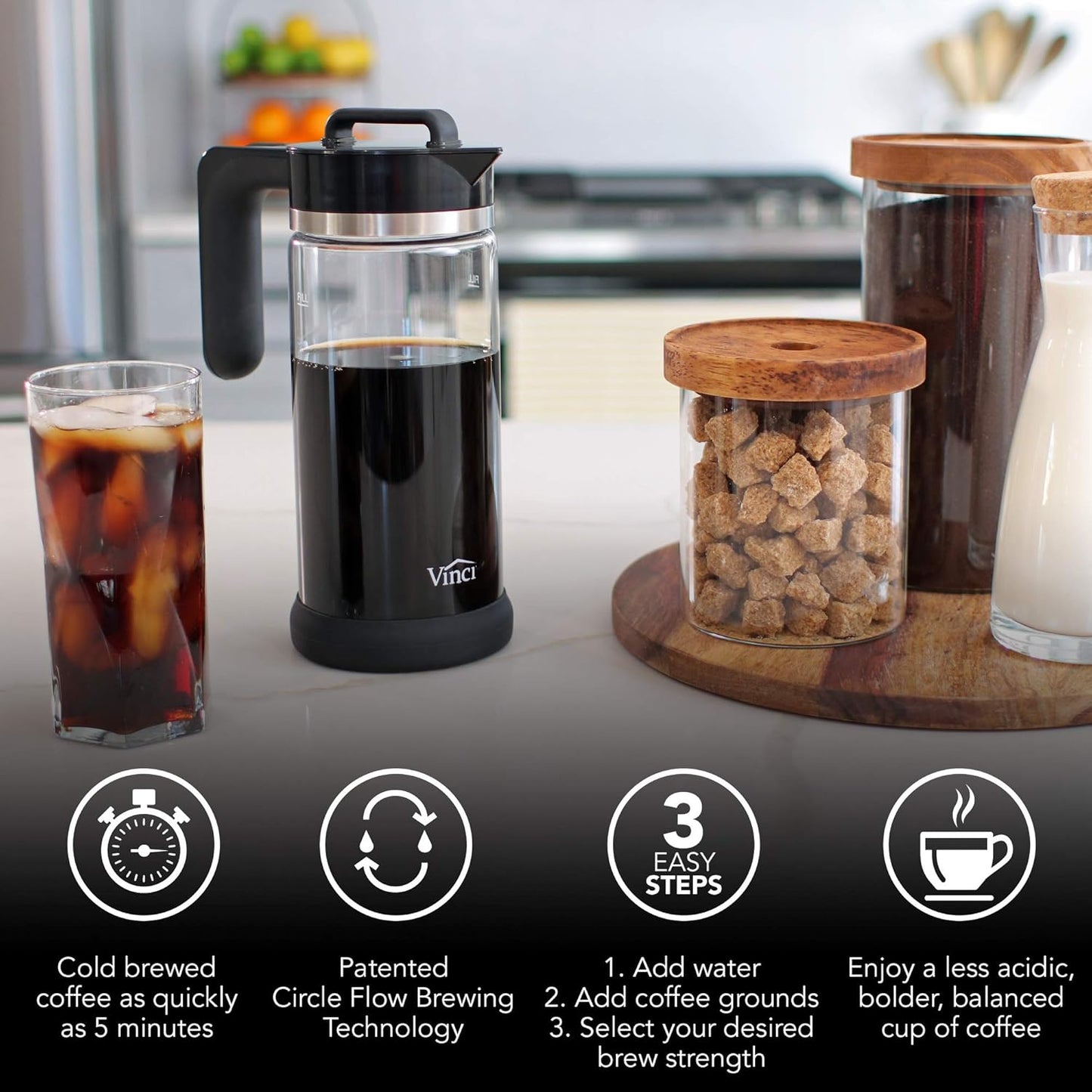 VINCI Express Cold Brew, Electric Cold Brew Coffee Maker in 5 minutes, 4 Brew Strength Settings & Cleaning Cycle, Easy to Use & Clean, Glass Carafe, Cold Brewer for Iced Coffee, 1.1 L Pitcher (37 oz)